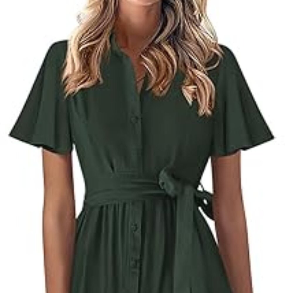 KIRUNDO Button Down Shirt Dress  Maxi Flutter Shoulder